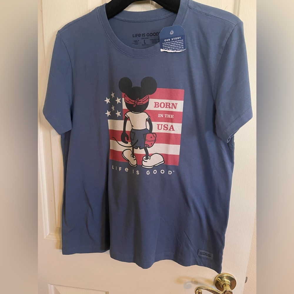 NWT Life Is Good Mickey Mouse Ladies Navy Short Sleeve Tee Born In The USA Sz L